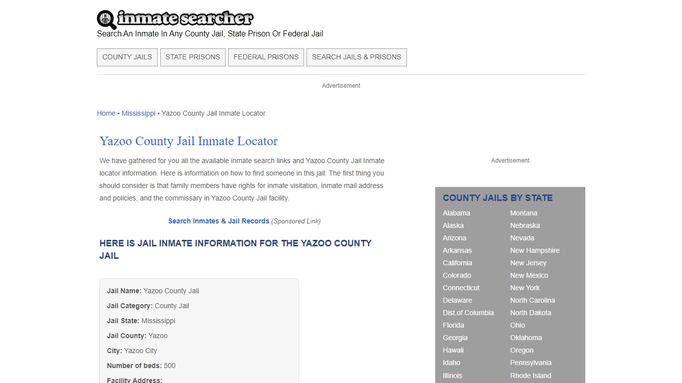 Yazoo County Jail Inmate Locator - Inmate Searcher